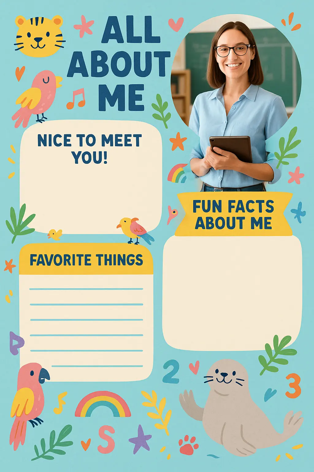 Colorful All About Me Poster template with cartoon animals and teacher photo