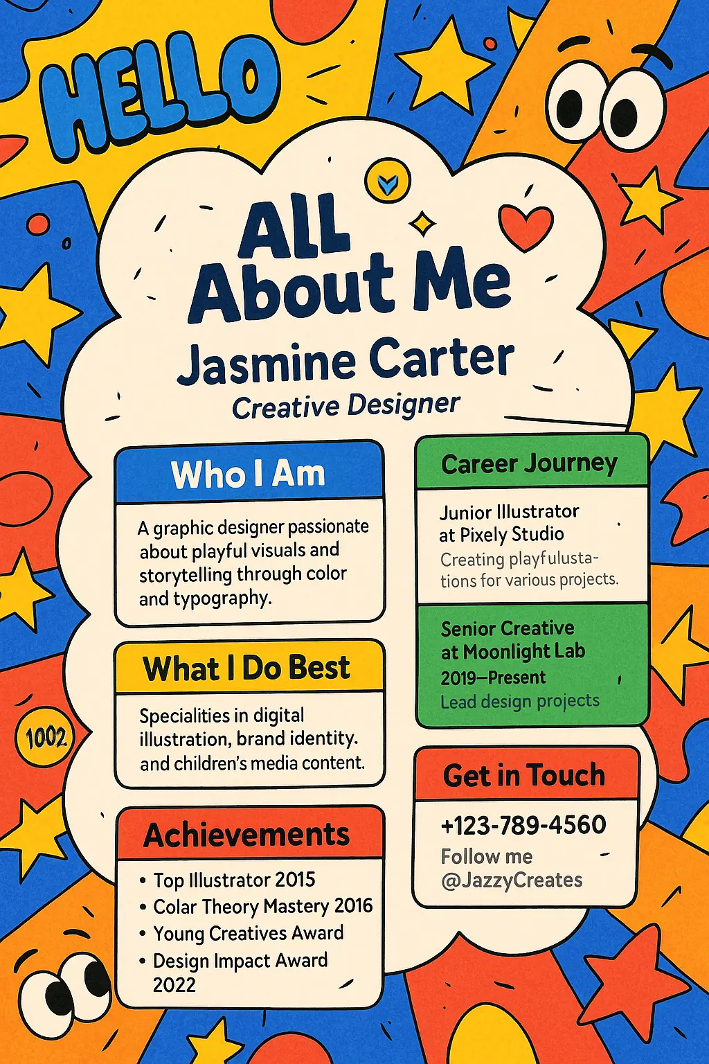 Playful All About Me Poster template with cloud design and cartoon icons