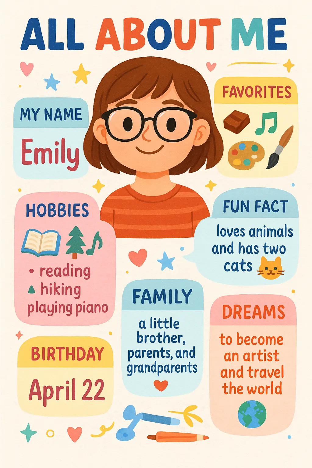 All About Me Poster template featuring a playful self-introduction with colorful icons