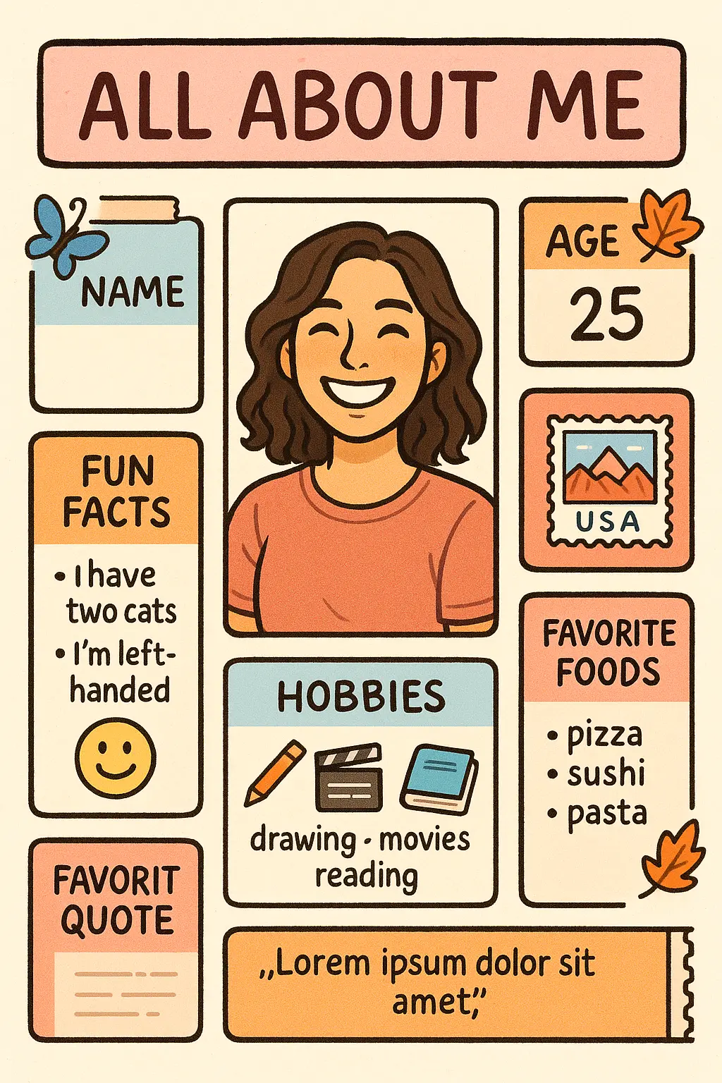 All About Me Poster template with playful design, pastel colors, and personalized sections