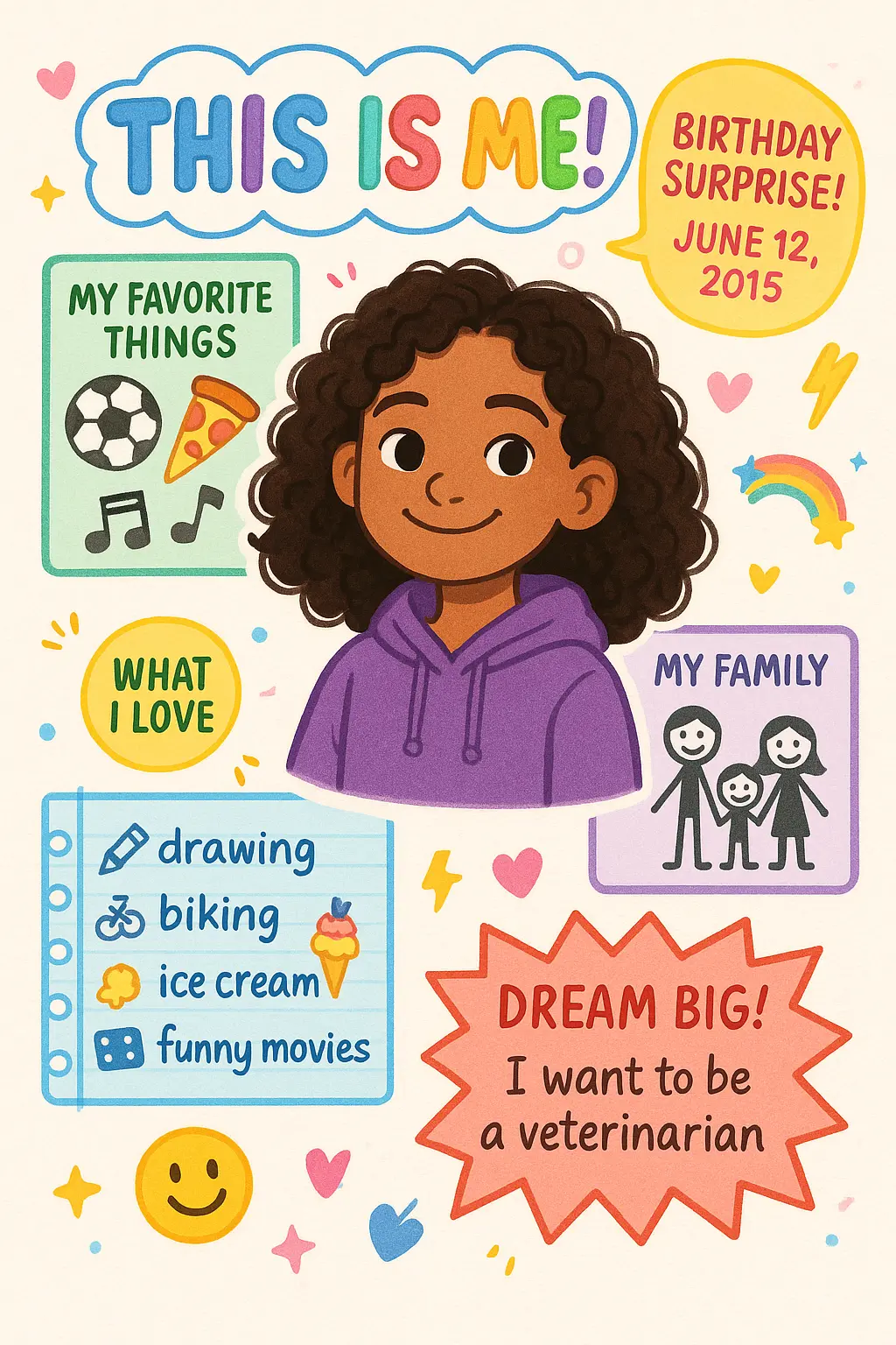 Colorful All About Me Poster template with playful kid details