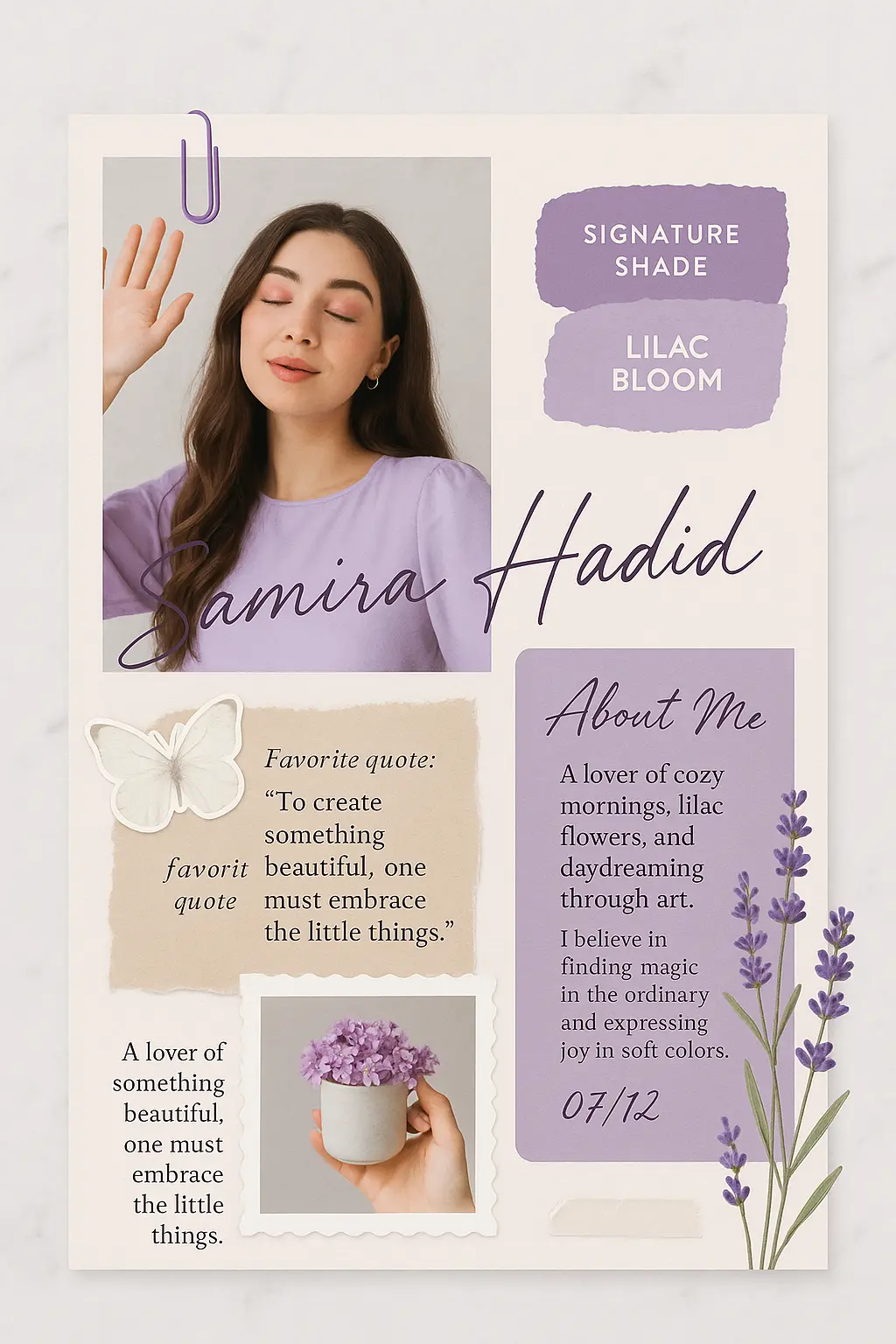 Aesthetic All About Me Poster template with lilac tones and collage style
