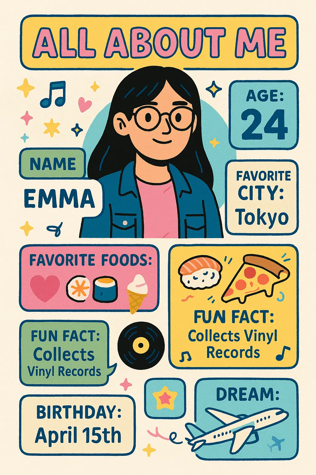All About Me Poster template featuring personal details and playful design