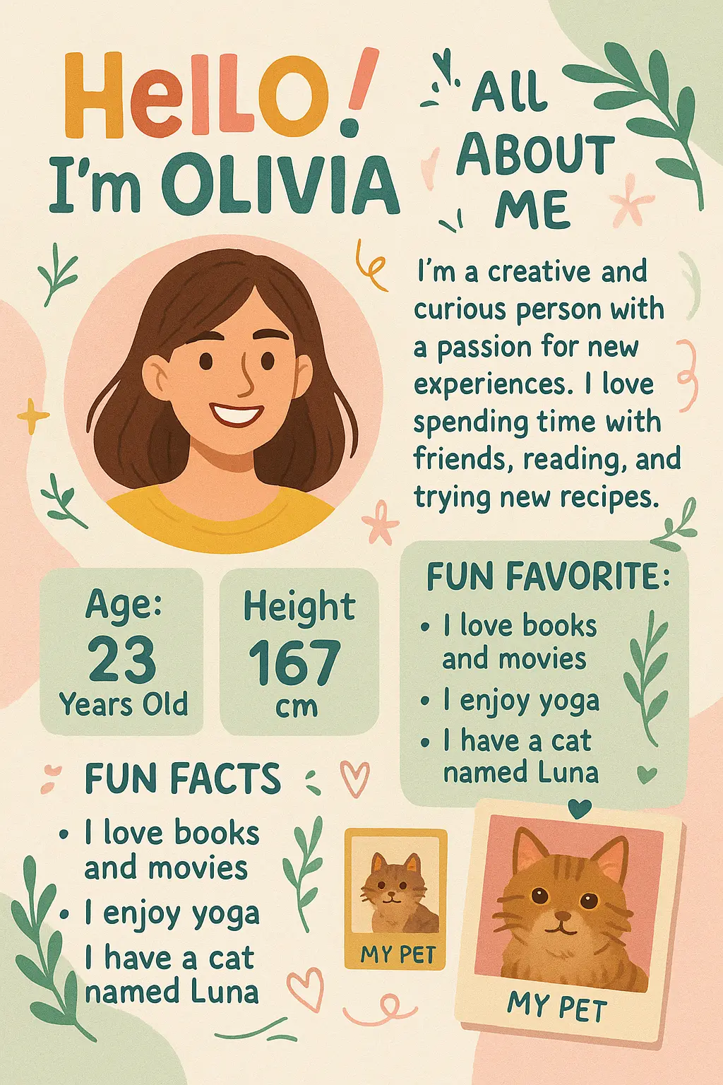 All About Me Poster template featuring a smiling woman, personalized sections, and fun doodles.