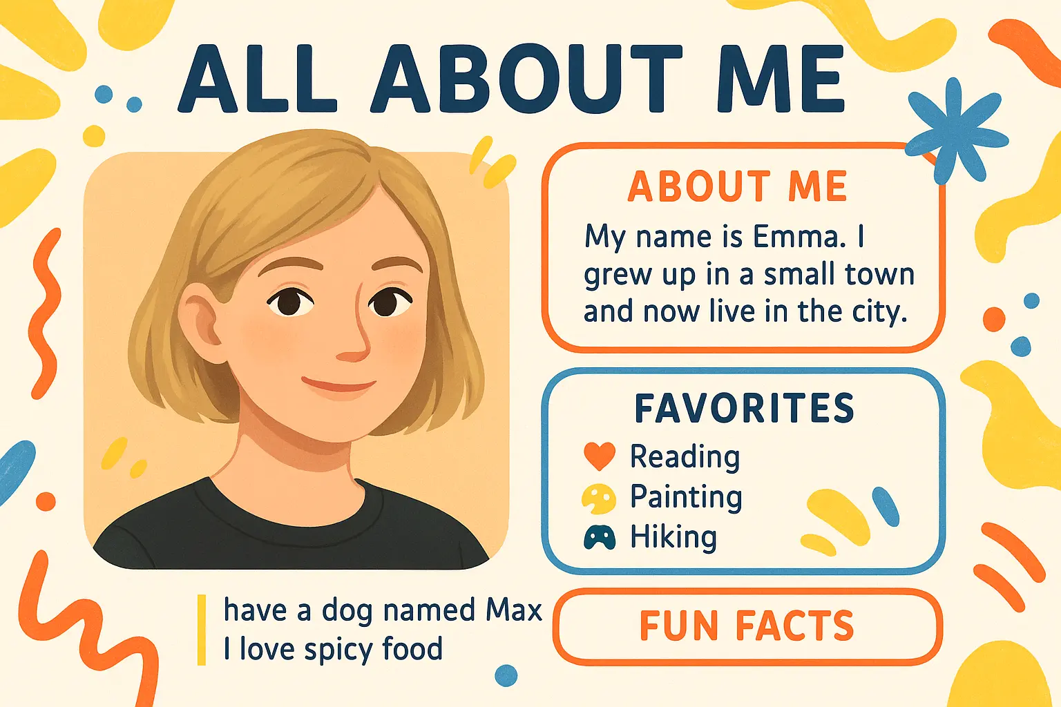 All About Me Poster template featuring a cartoon character with personal details