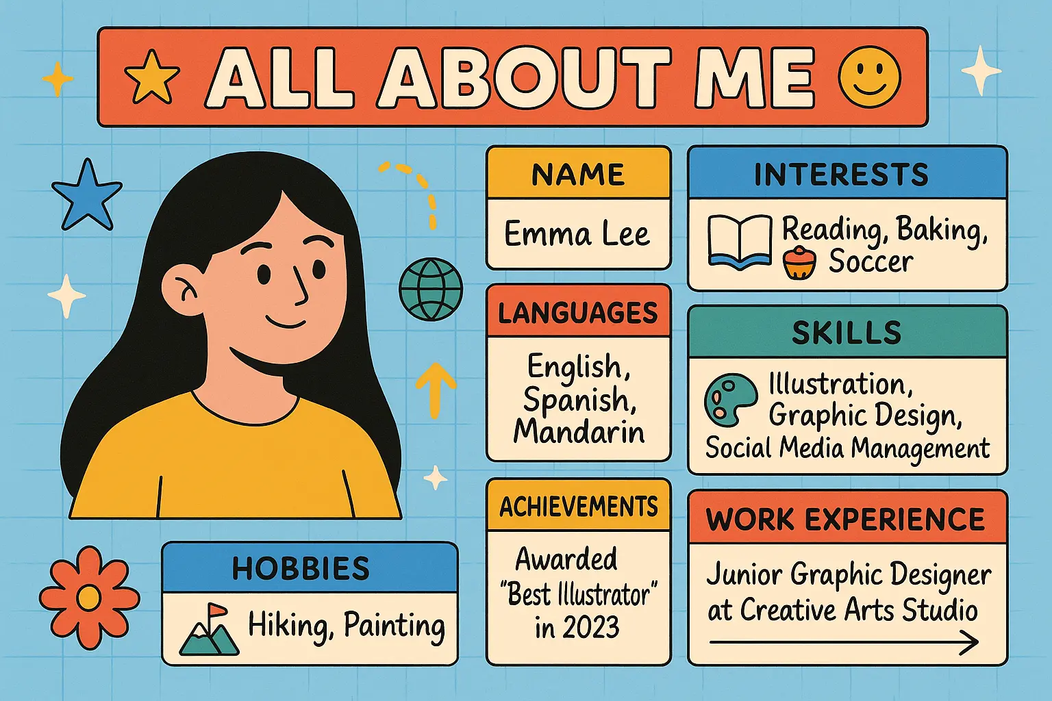 Colorful All About Me Poster template with youth group photo and bold shapes