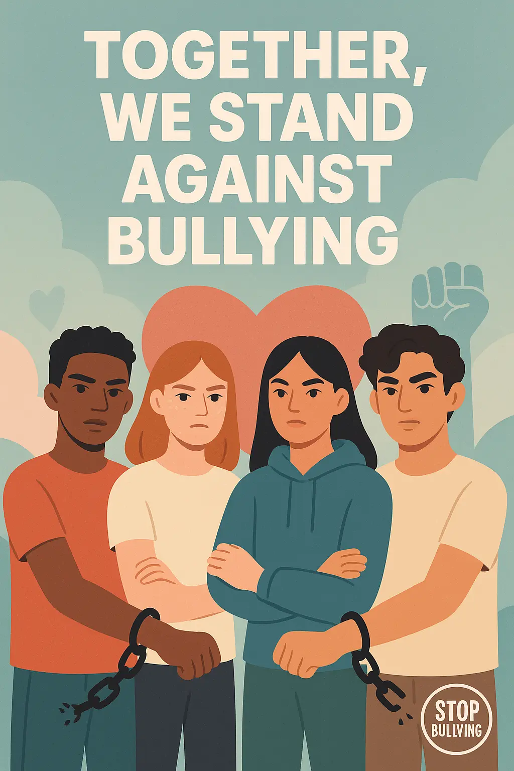 Anti-Bullying Poster template with diverse youth standing together, broken chains, and empowering slogan.