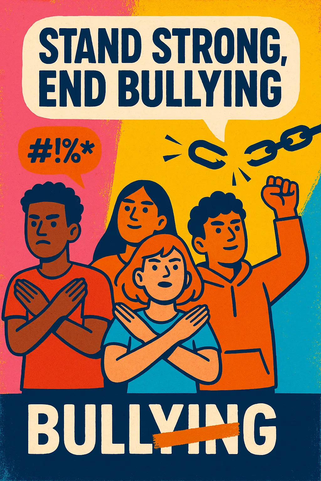 Anti-Bullying Poster template featuring youth standing together in defiance.