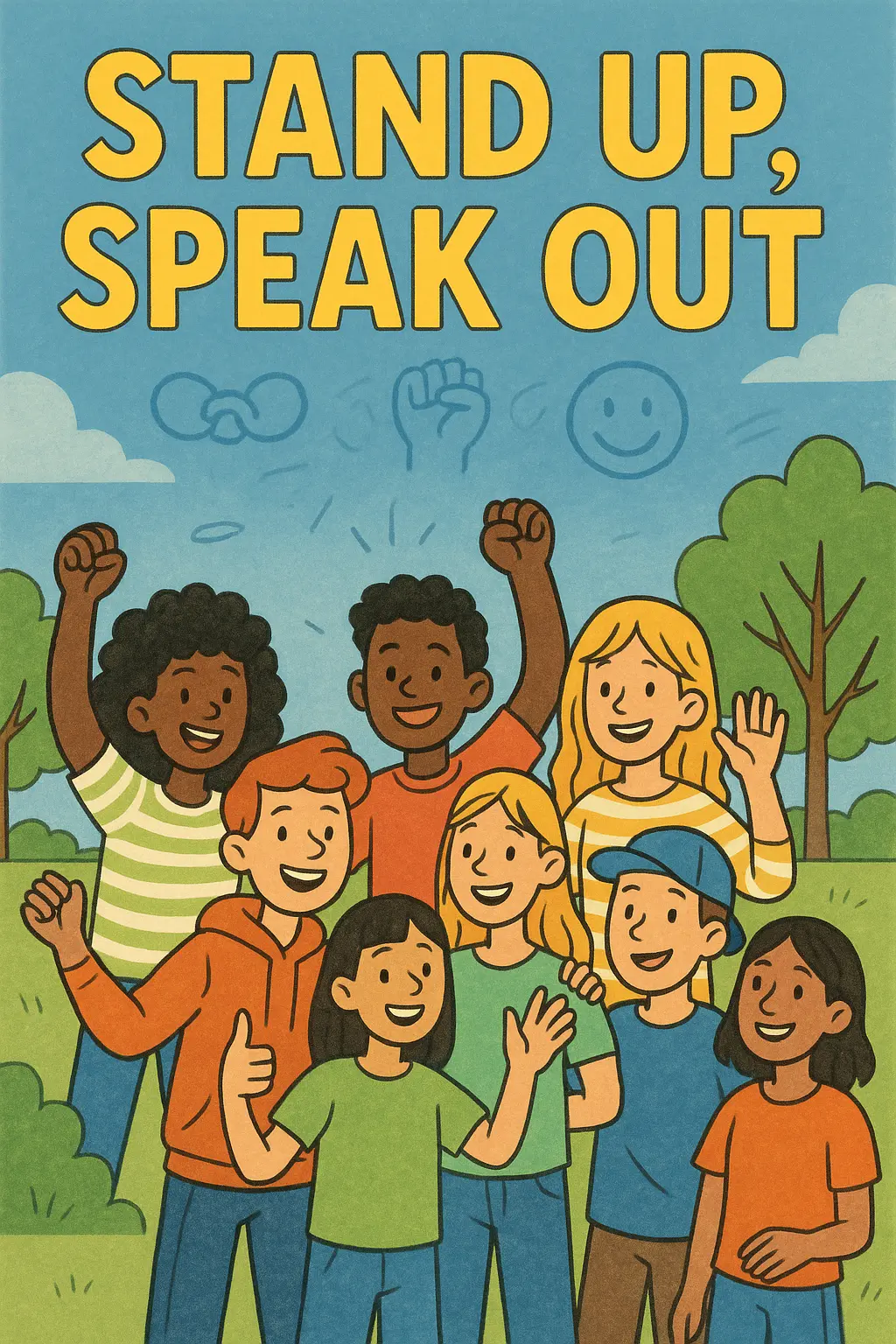 Anti-Bullying Poster template promoting kindness with diverse youth, open hands, and empowering slogan.