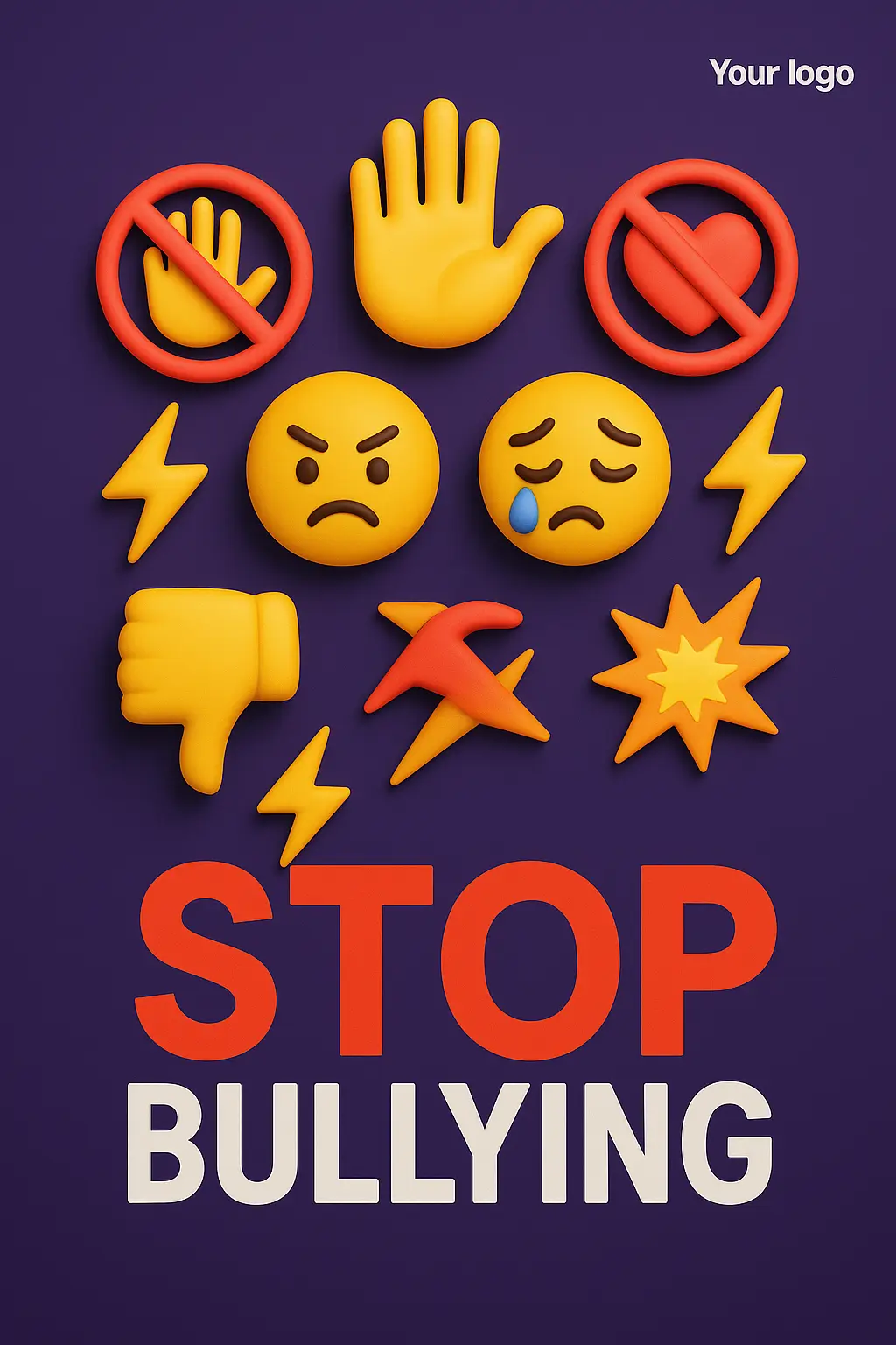Anti-Bullying Poster template with hand symbols, sad emojis, and bold 'STOP BULLYING' text.