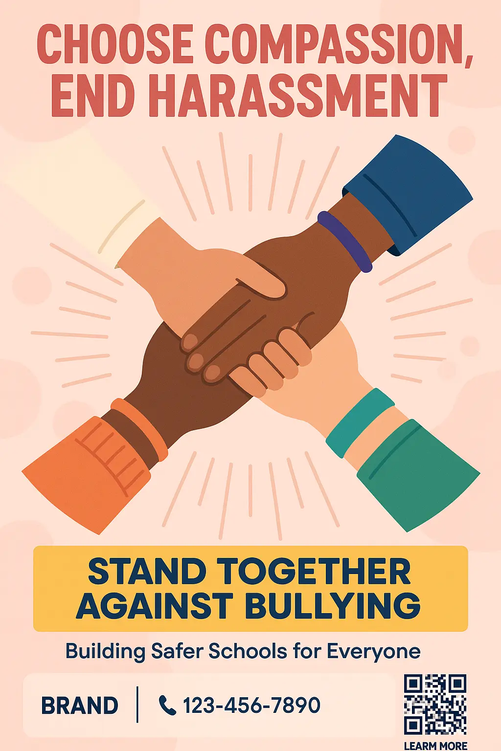 Anti-Bullying Poster template with diverse hands linked in unity