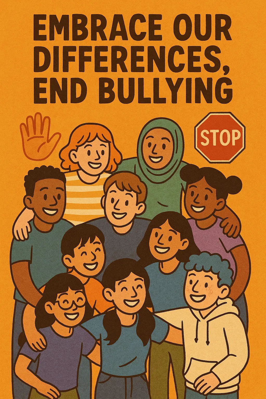 Anti-Bullying Poster template with diverse youth united in a supportive circle