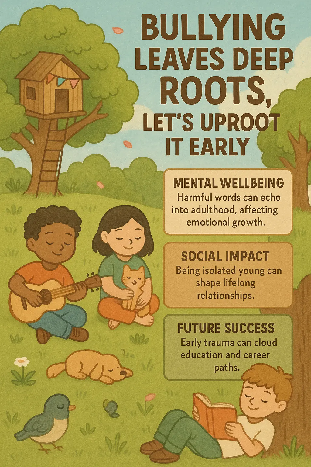 Anti-Bullying Poster template with children, treehouse, and positive message