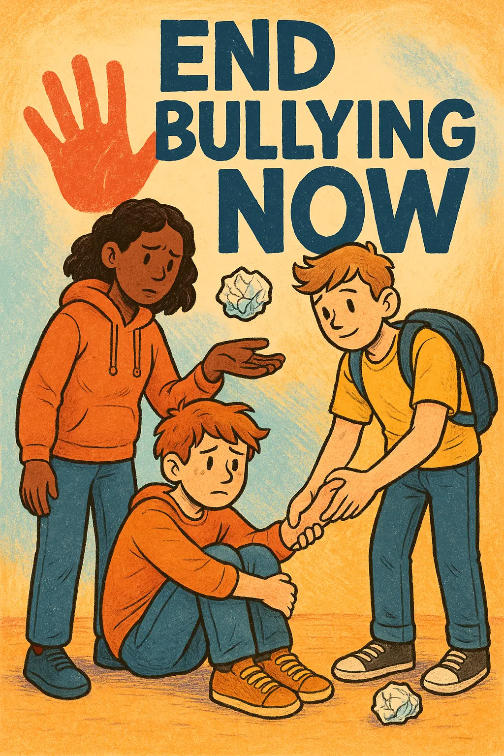 Anti-Bullying Poster template featuring supportive youth offering help, with 'End Bullying Now' slogan.