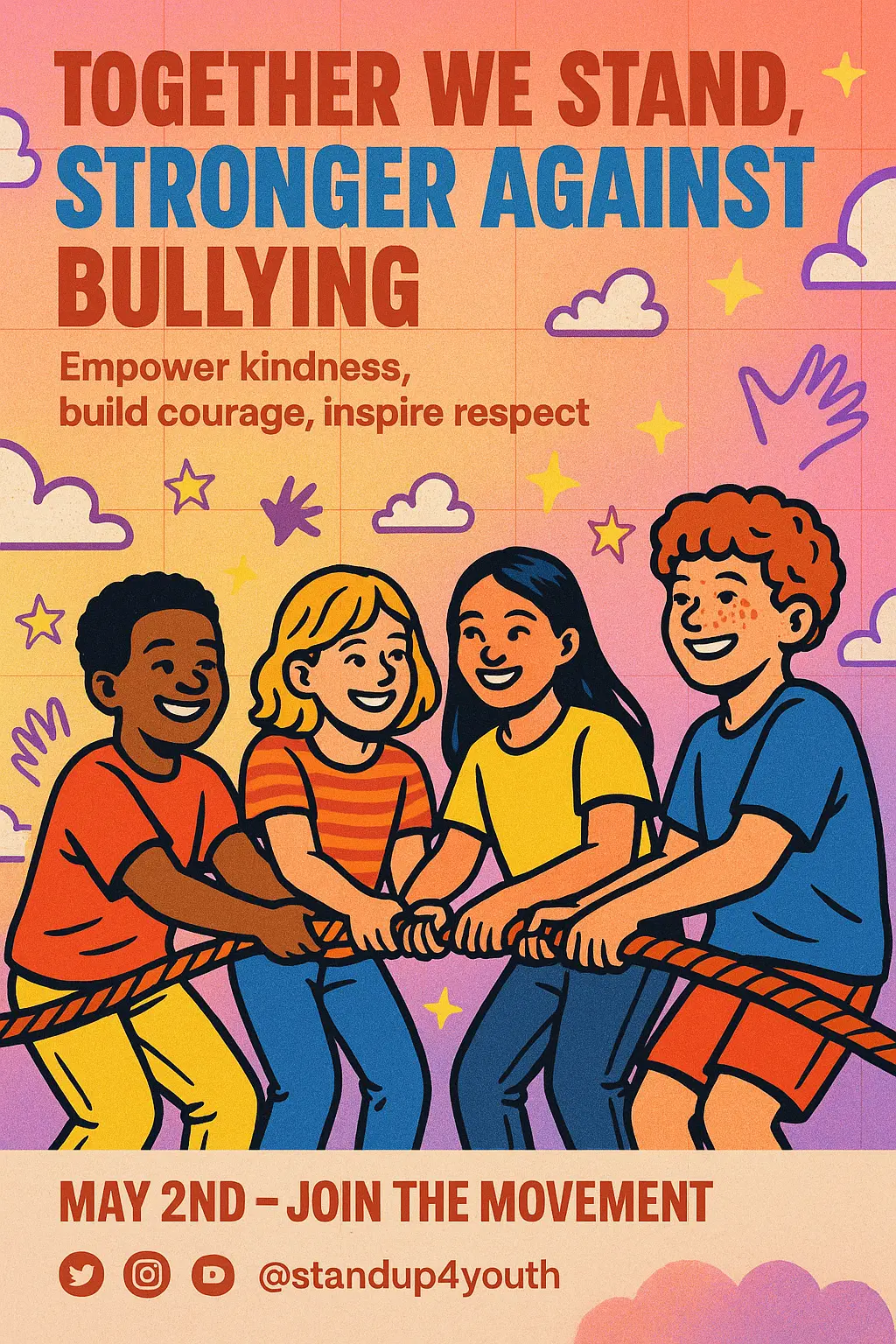 Anti-Bullying Poster template with kids uniting in tug-of-war