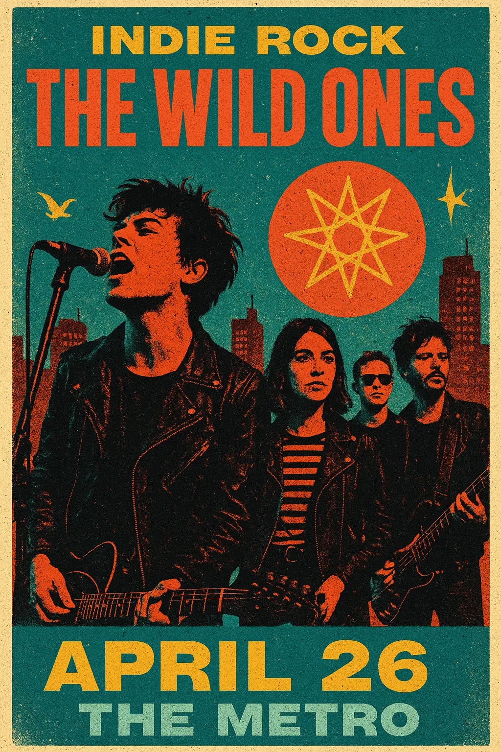 Indie rock Band Poster template with stylized band portrait and bold typography.