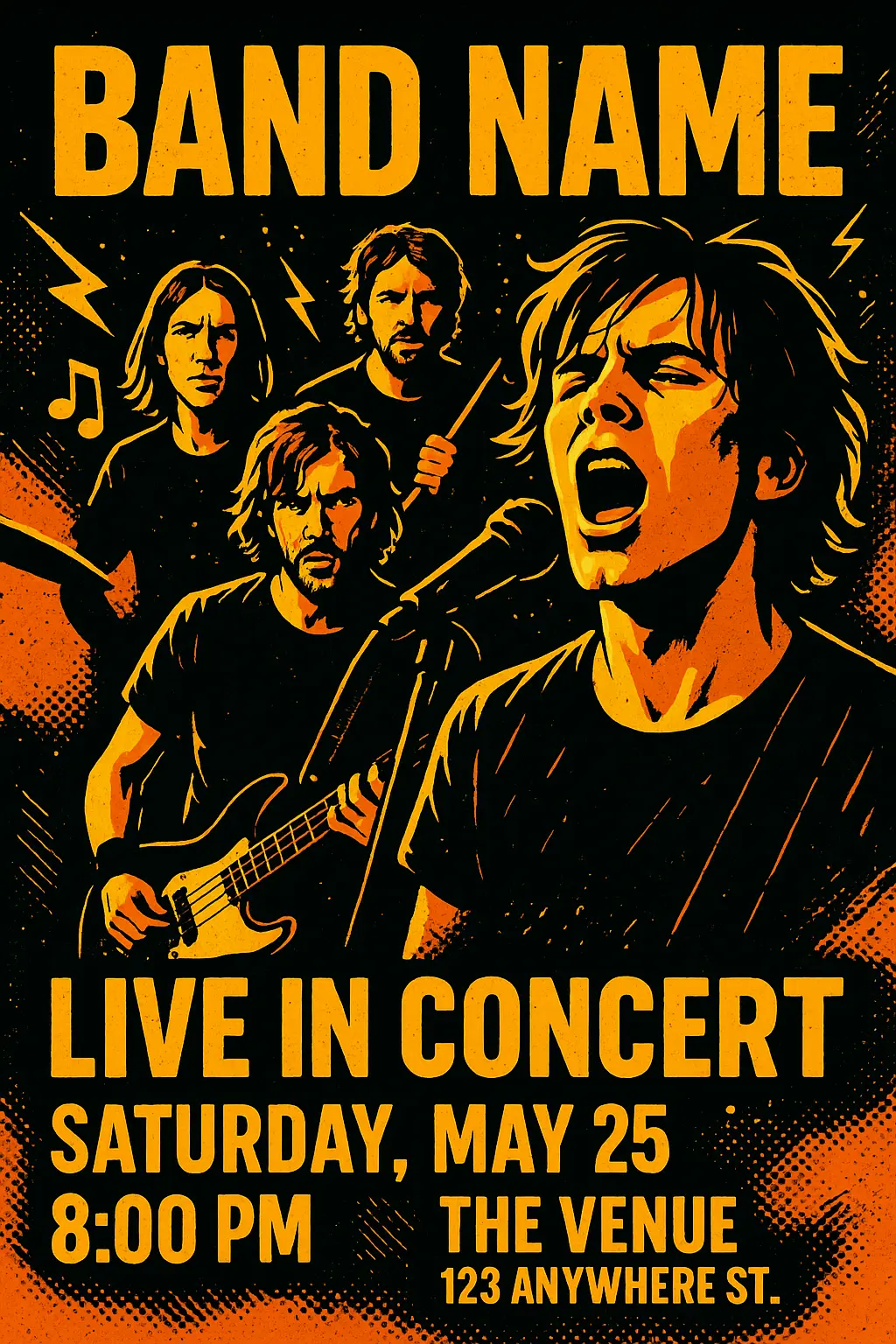 Garage rock Band Poster template with gritty retro style