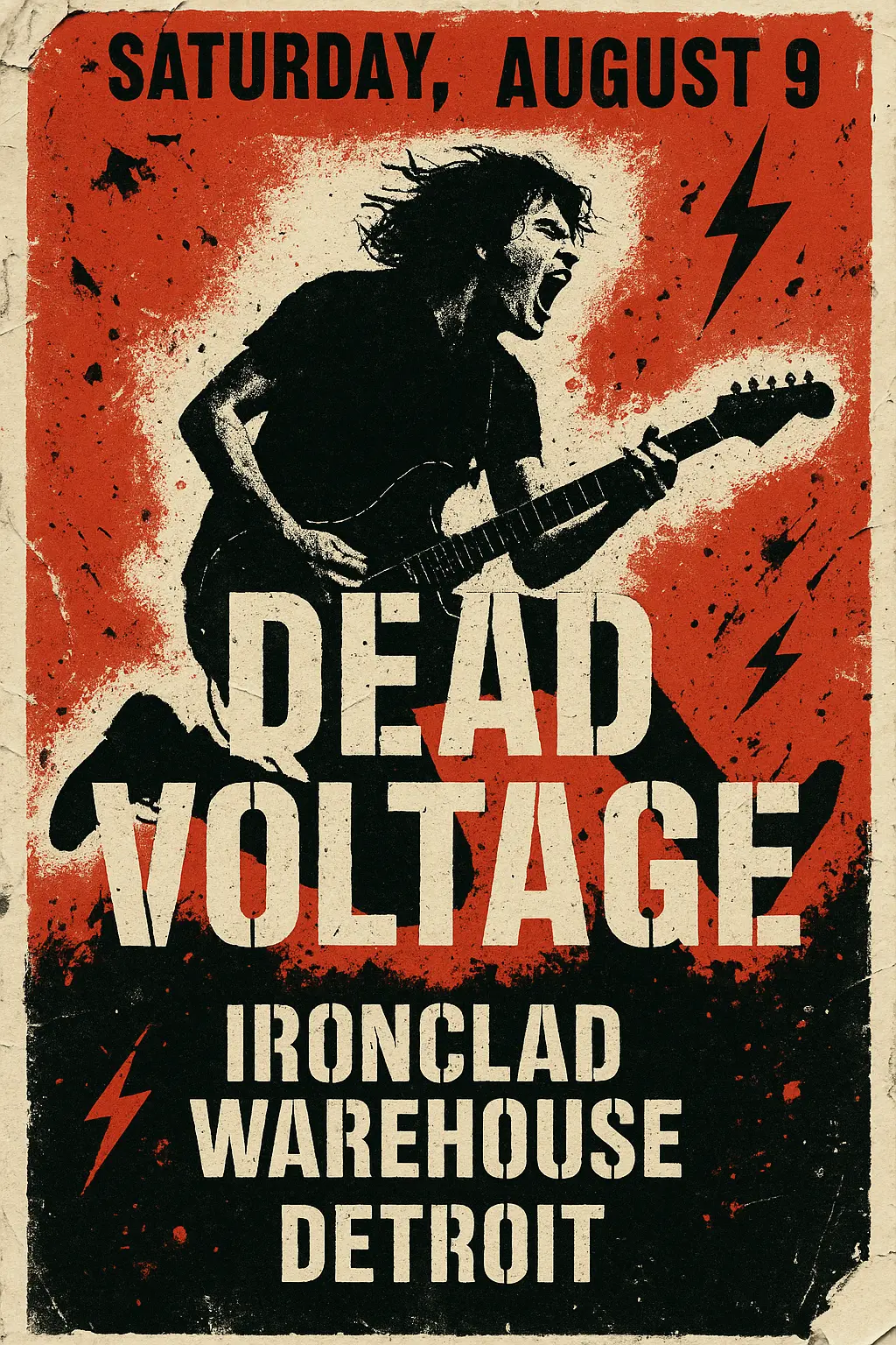 Band Poster template featuring a red electric guitar and event details