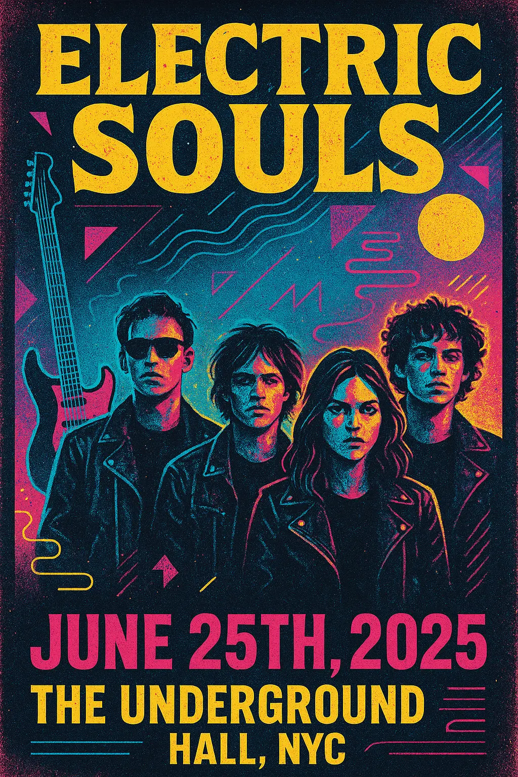 Grunge Band Poster template with electric guitar and bold text