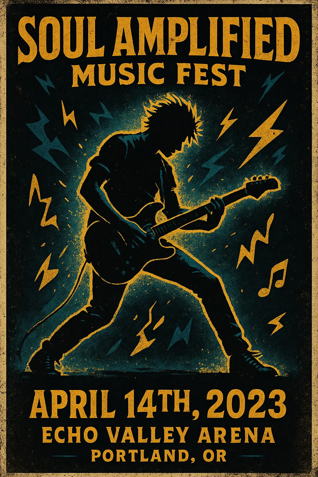 Electric guitar shredding in stormy psychedelic Band Poster template