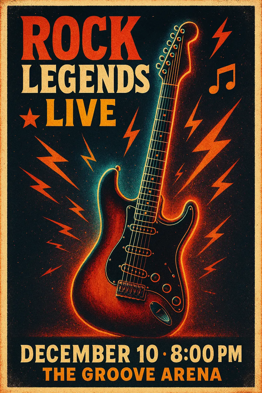 Indie rock Band Poster template with a dynamic guitar and bold typography.