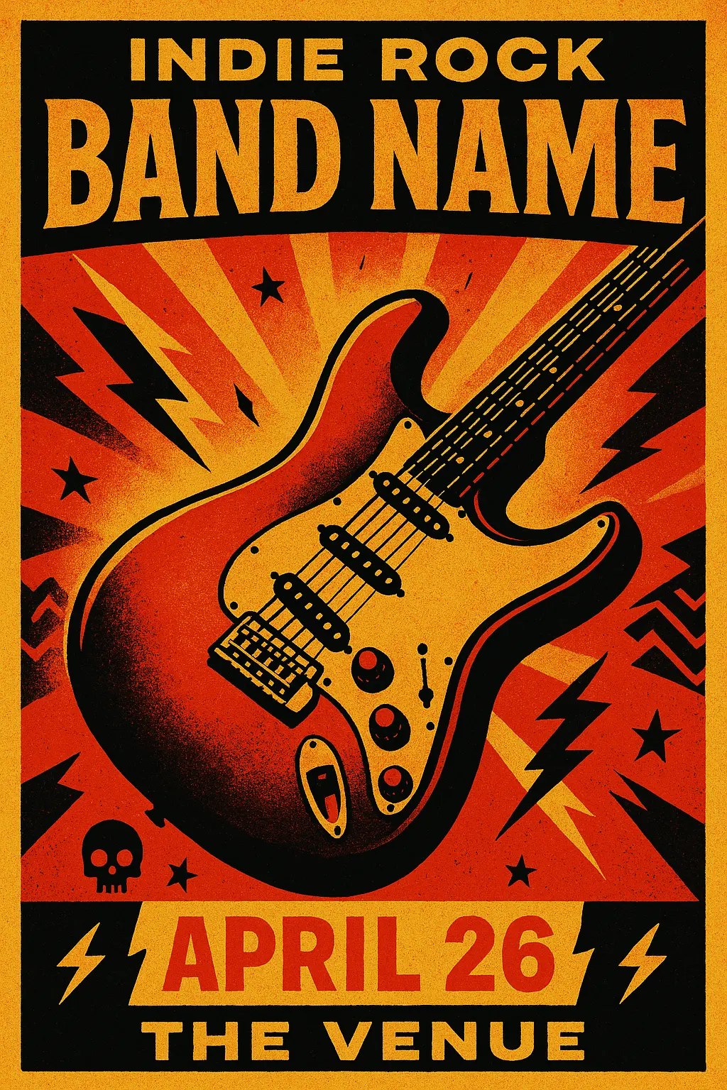 Retro Band Poster template with red electric guitar and bold fonts