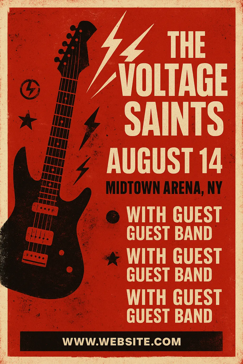 Band Poster template featuring musician with guitar, event details, and grunge design.