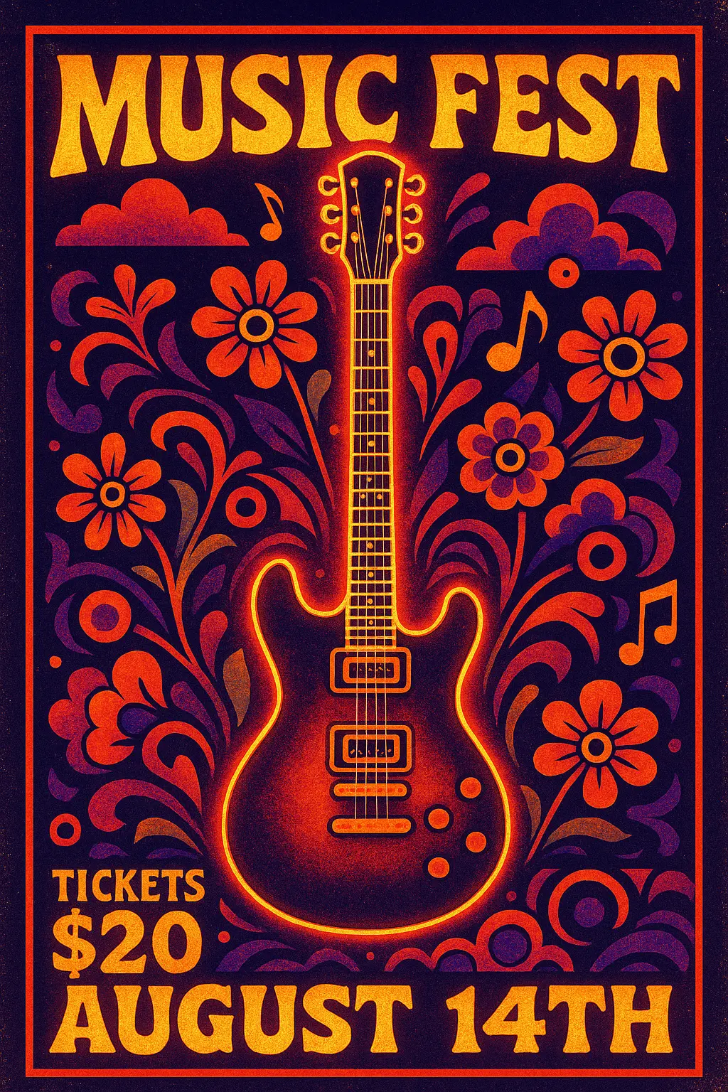Retro Band Poster template with electric guitar and bold colors
