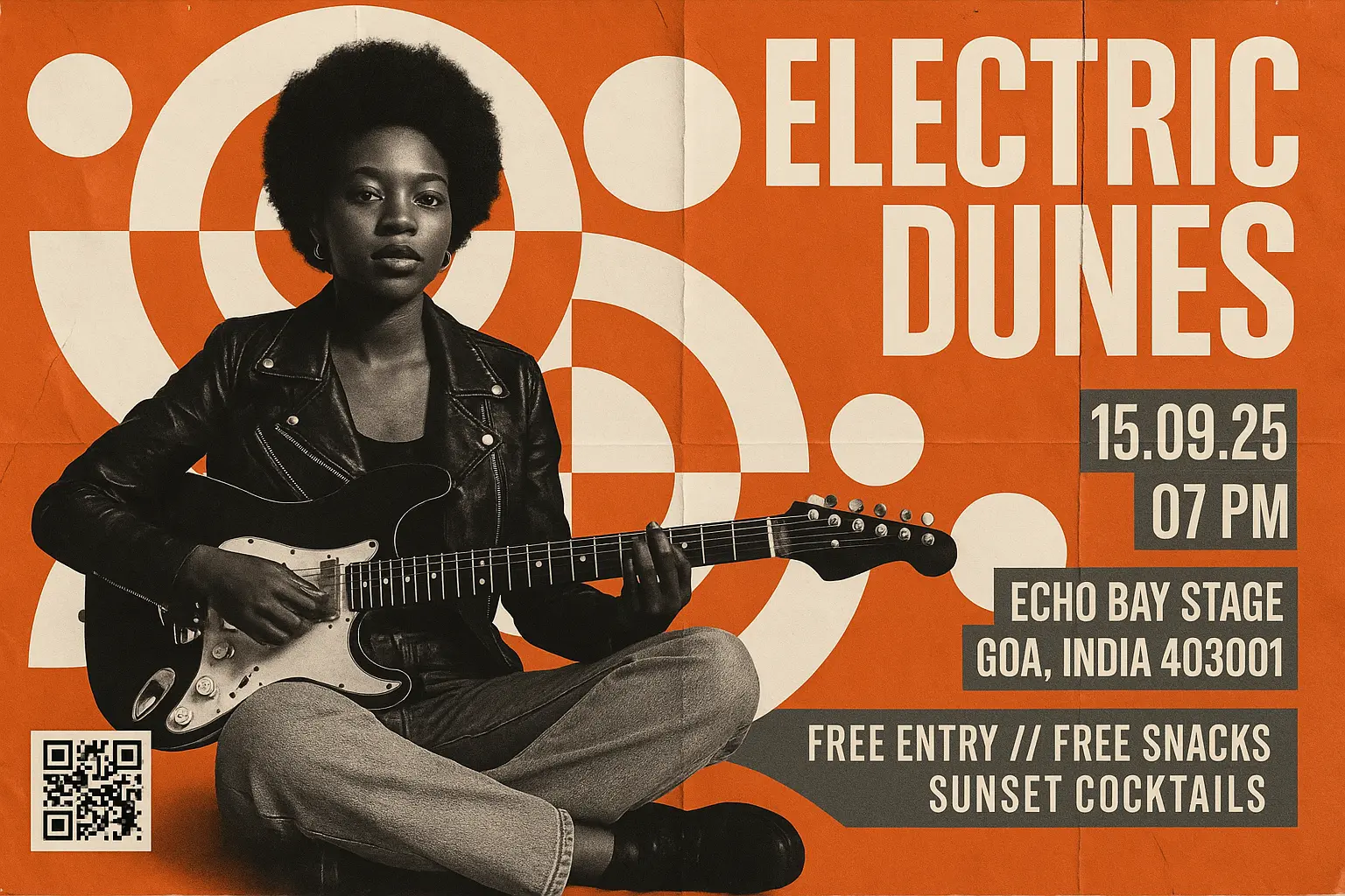 Retro glitch Band Poster template with skeletal guitarist
