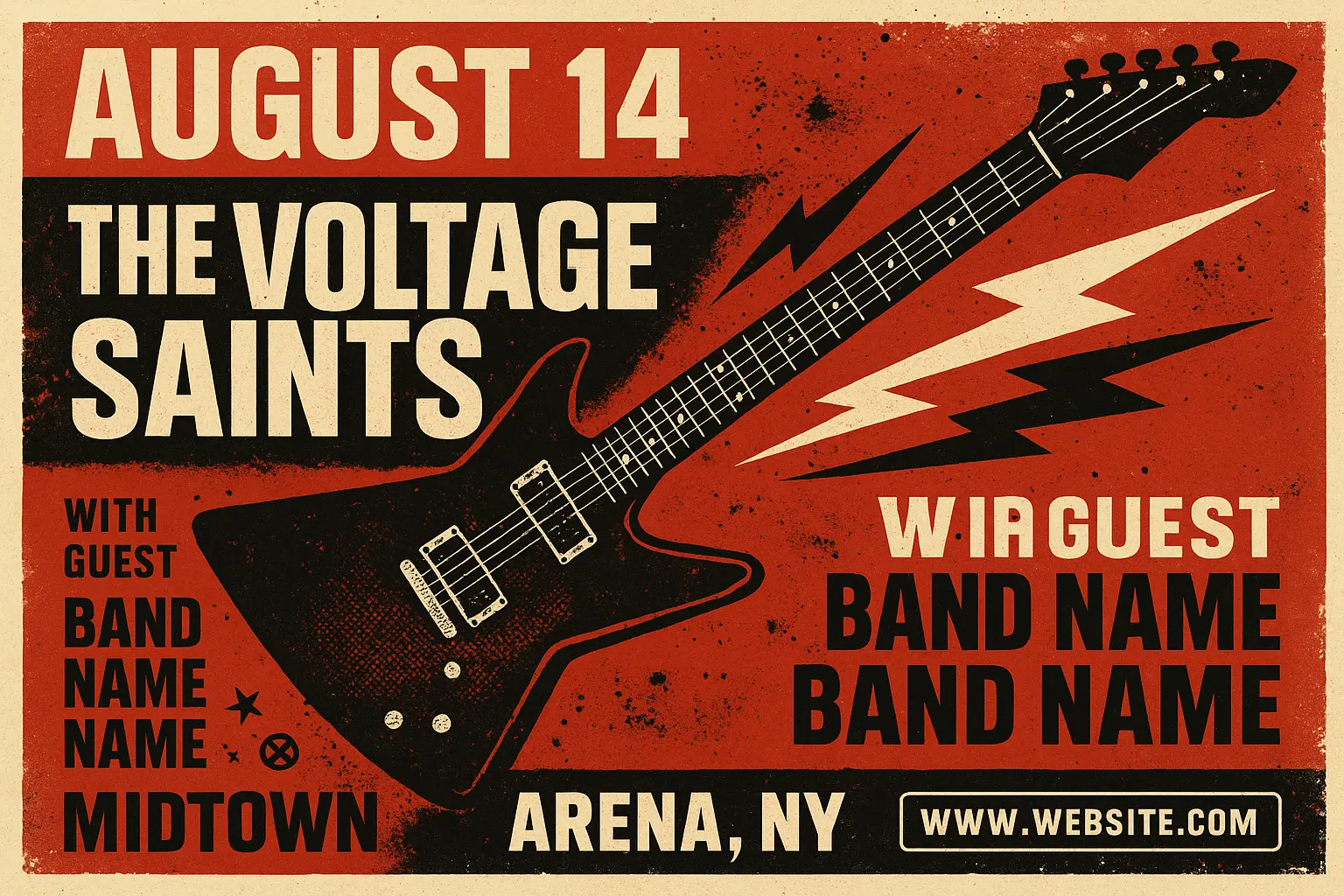 Band Poster template featuring musician with guitar, event details, and grunge design.