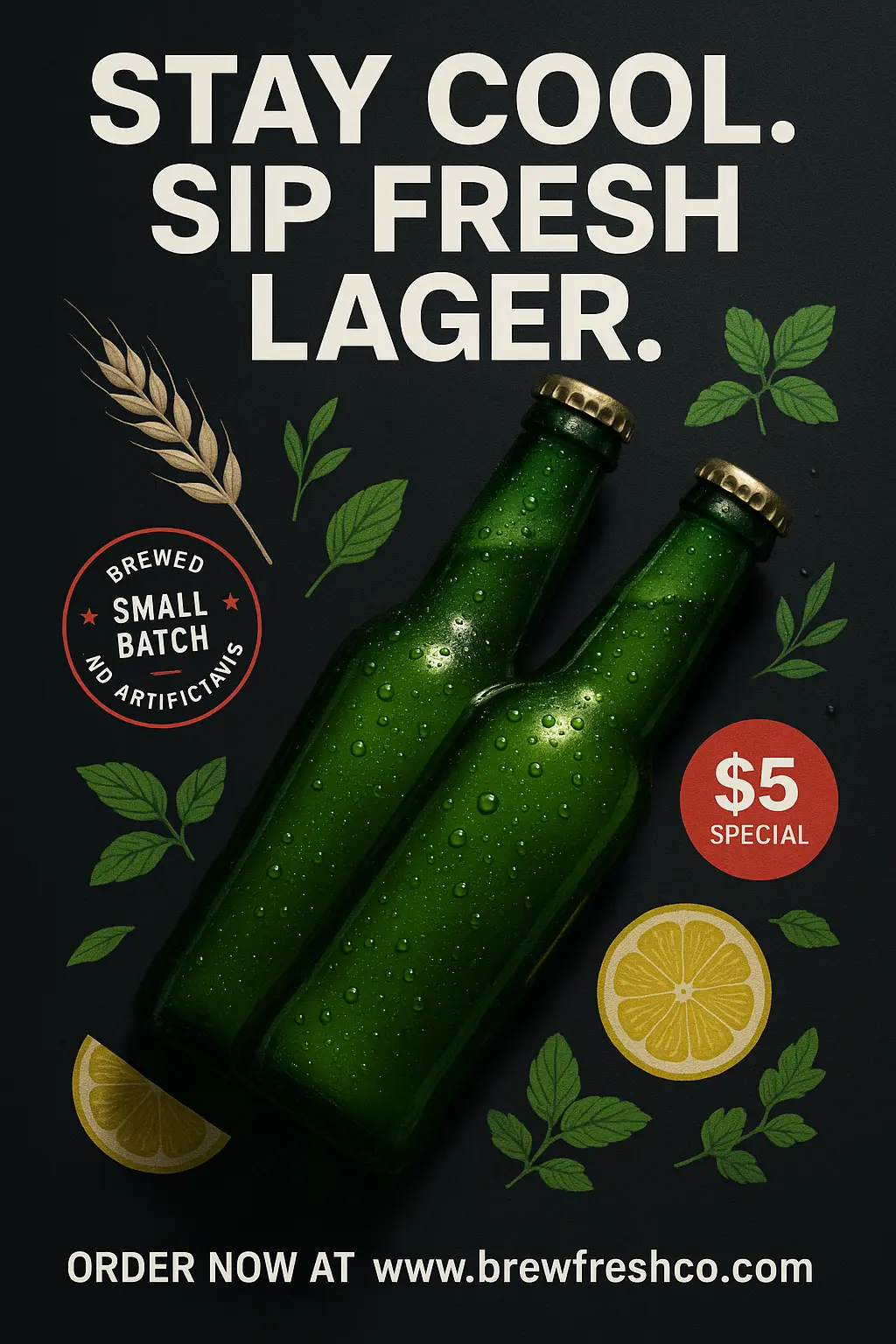 Beer Poster template with green bottles, bold layout, and price tag