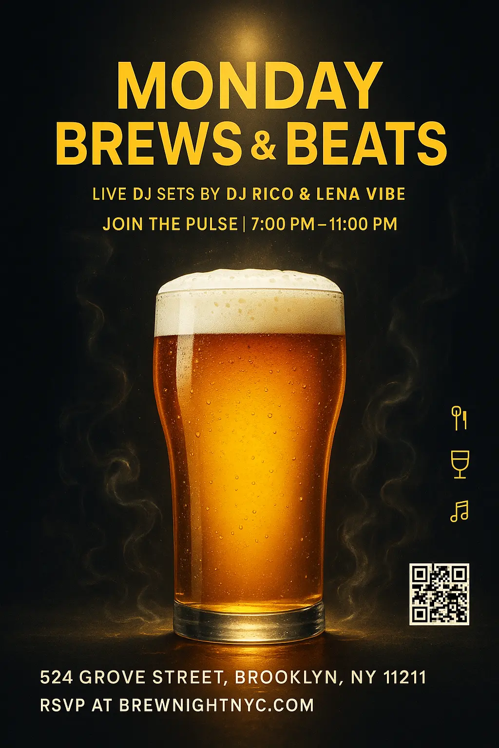 Bold Beer Poster template with glowing pint and DJ event text