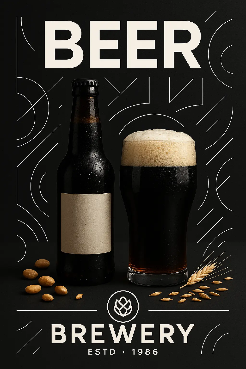 Dark Beer Poster template with sleek bottle, glass, and minimal design.