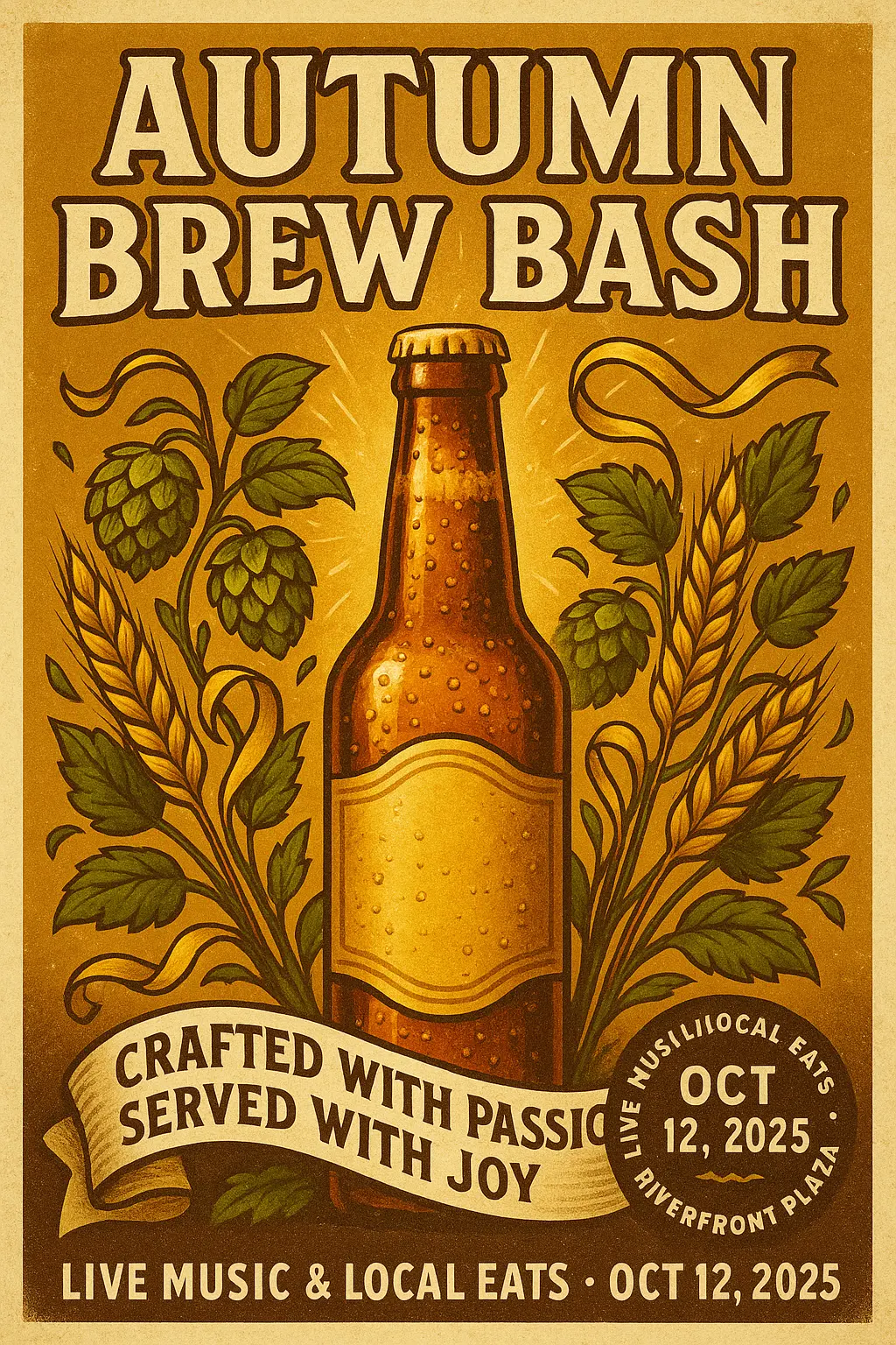Vintage Beer Poster template with amber bottle and festive accents