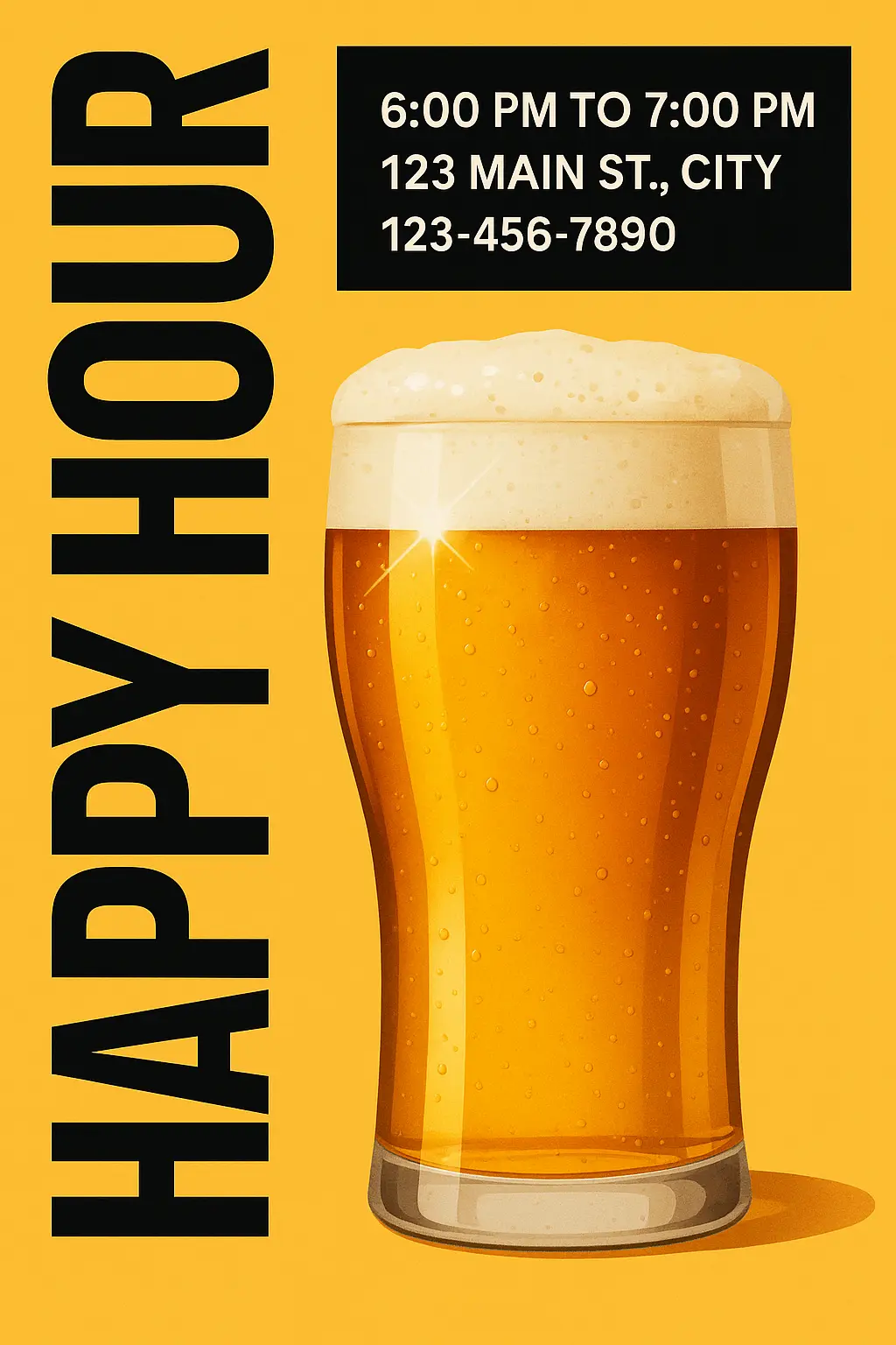 Beer Poster template featuring a frothy pint of beer with bold 'HAPPY HOUR' text