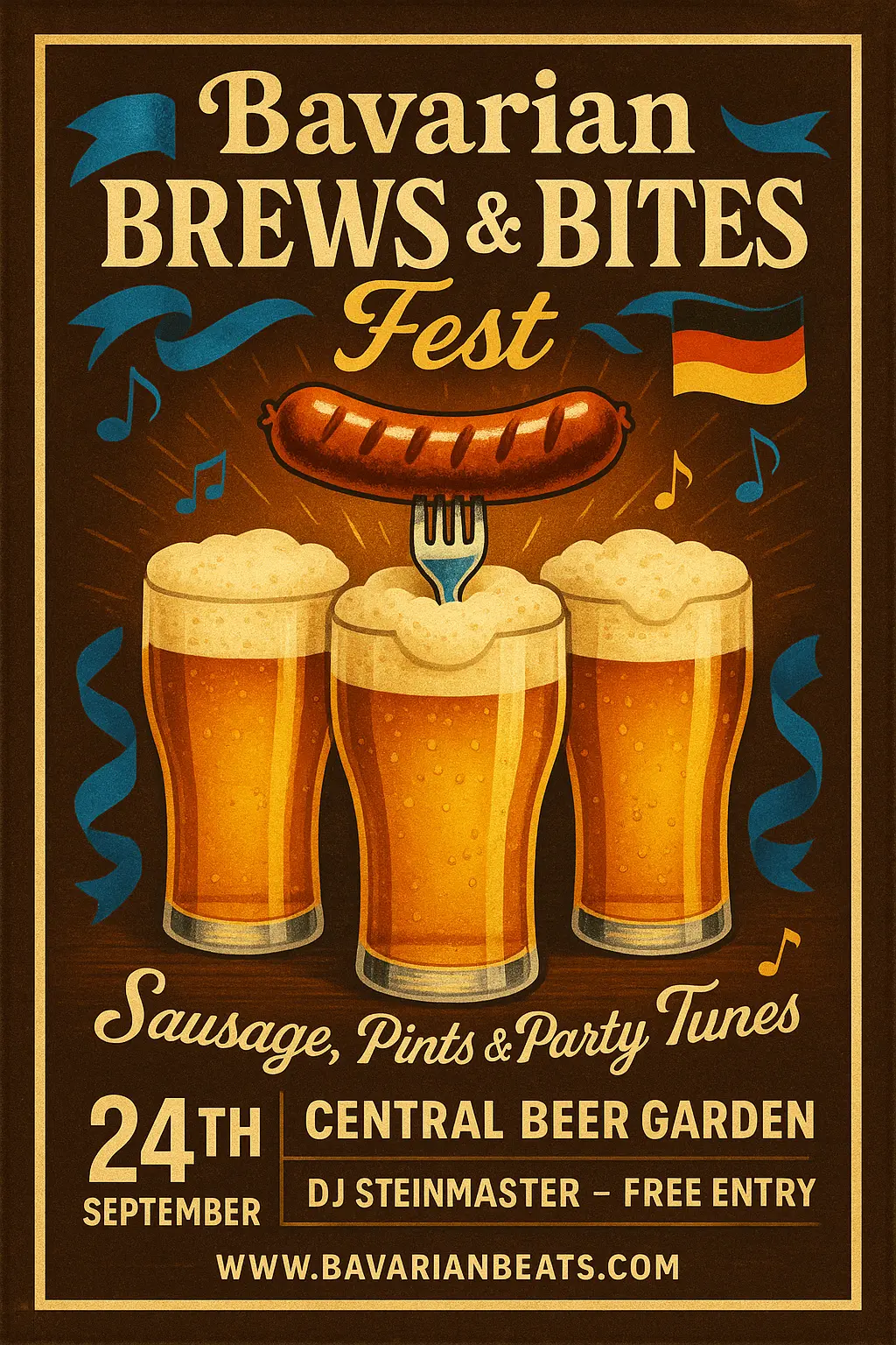 Beer Poster template with frothy pints and festive sausage