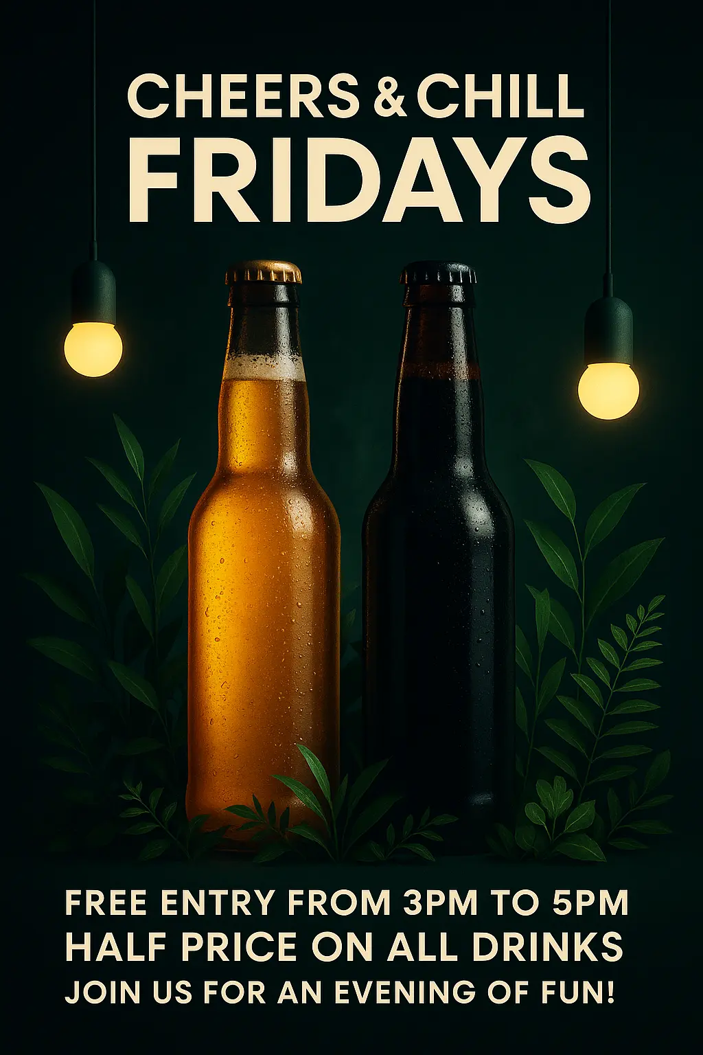 Beer Poster template featuring two cold beer bottles with glowing lights