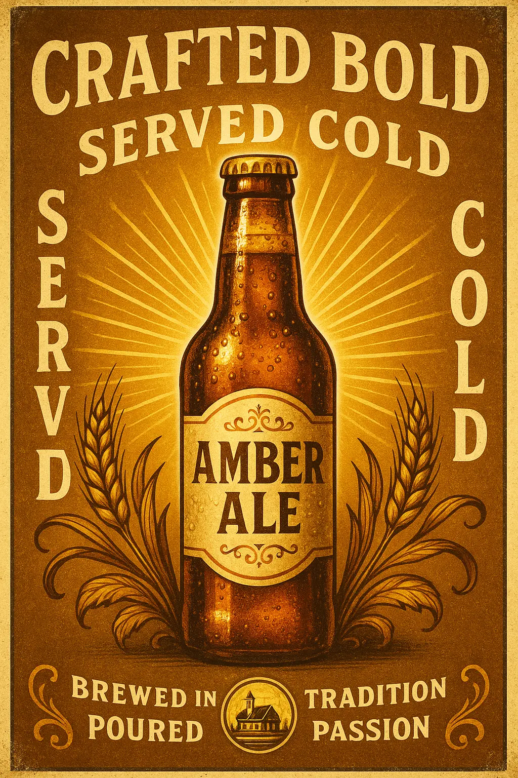 Vintage Beer Poster template with amber ale bottle and golden rays