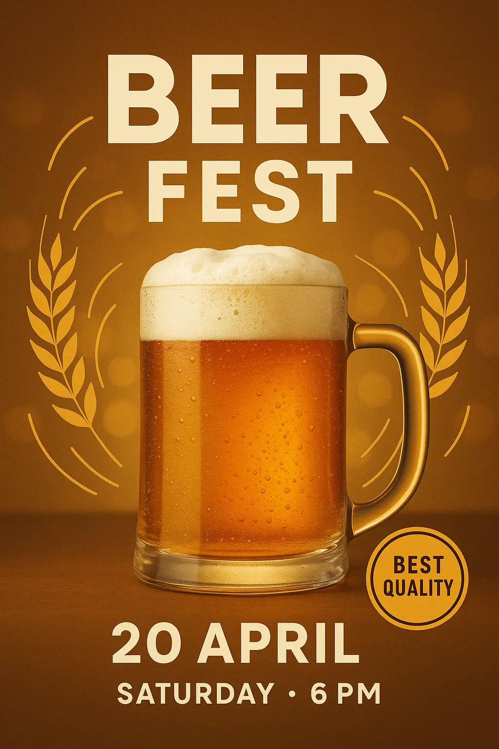 Beer Poster template with frothy mug, wheat motifs, and warm golden hues.