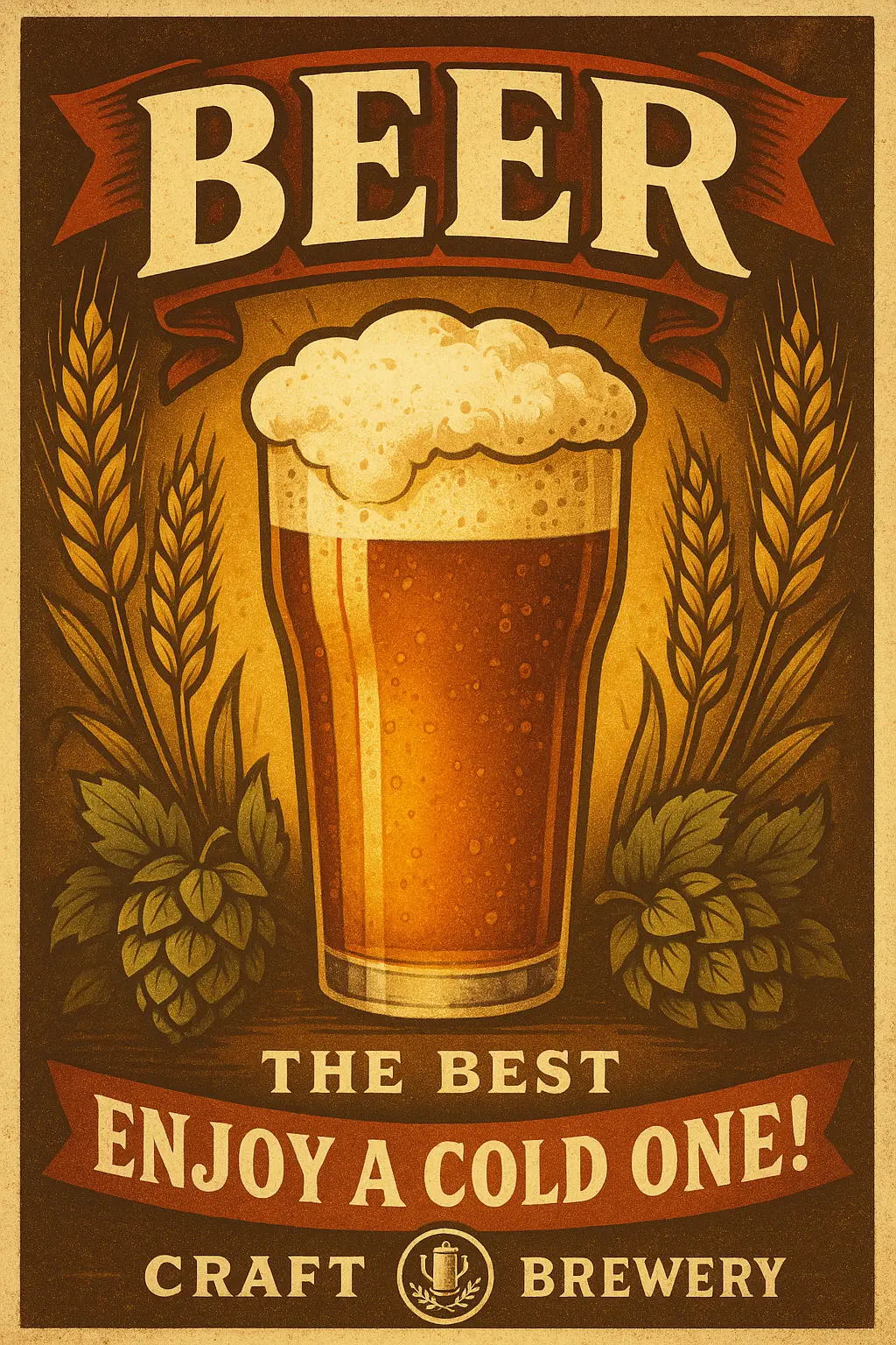 Beer Poster template with frothy pint, wheat, and hops