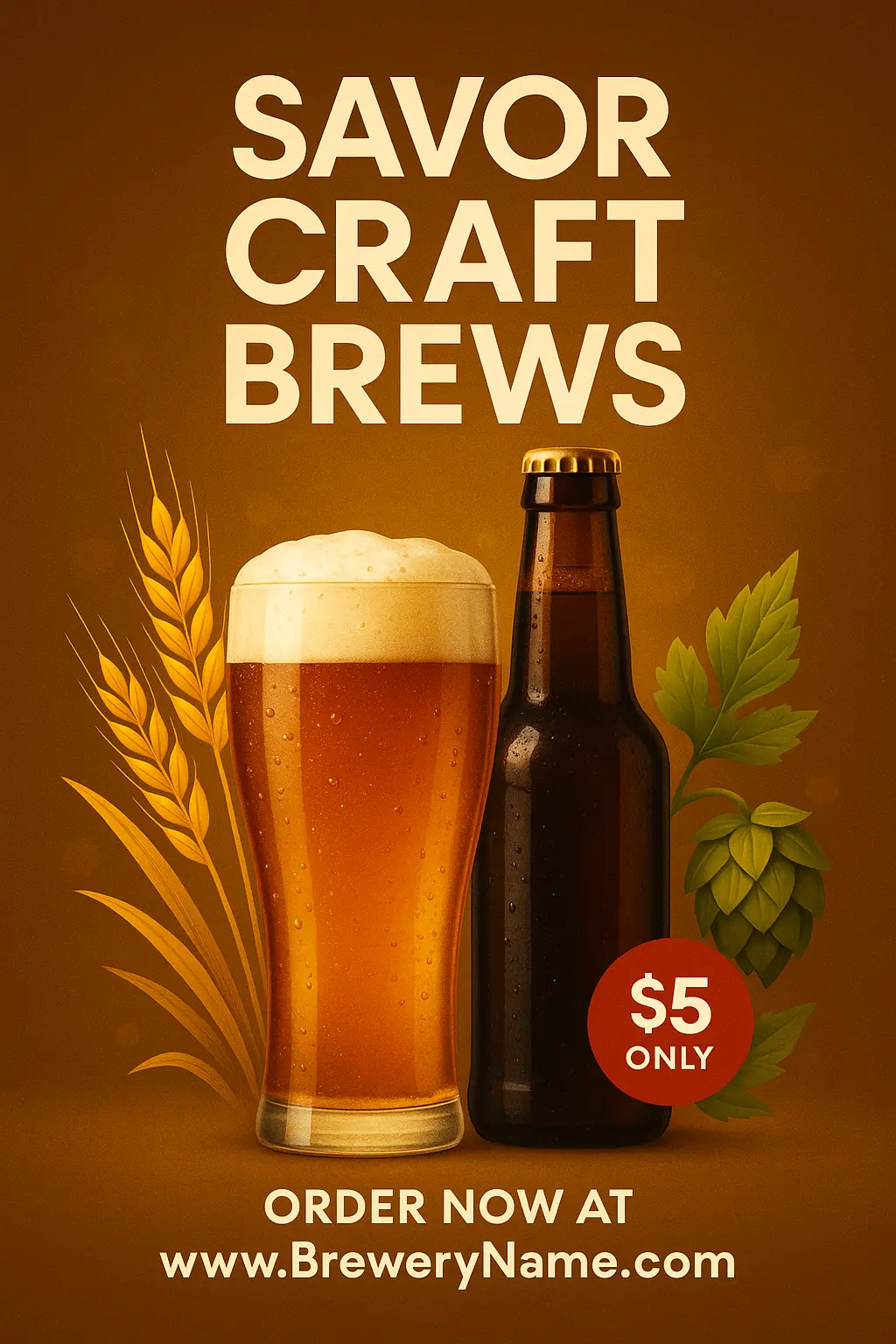 Beer Poster template with pint, bottle, wheat, hops, and warm golden lighting