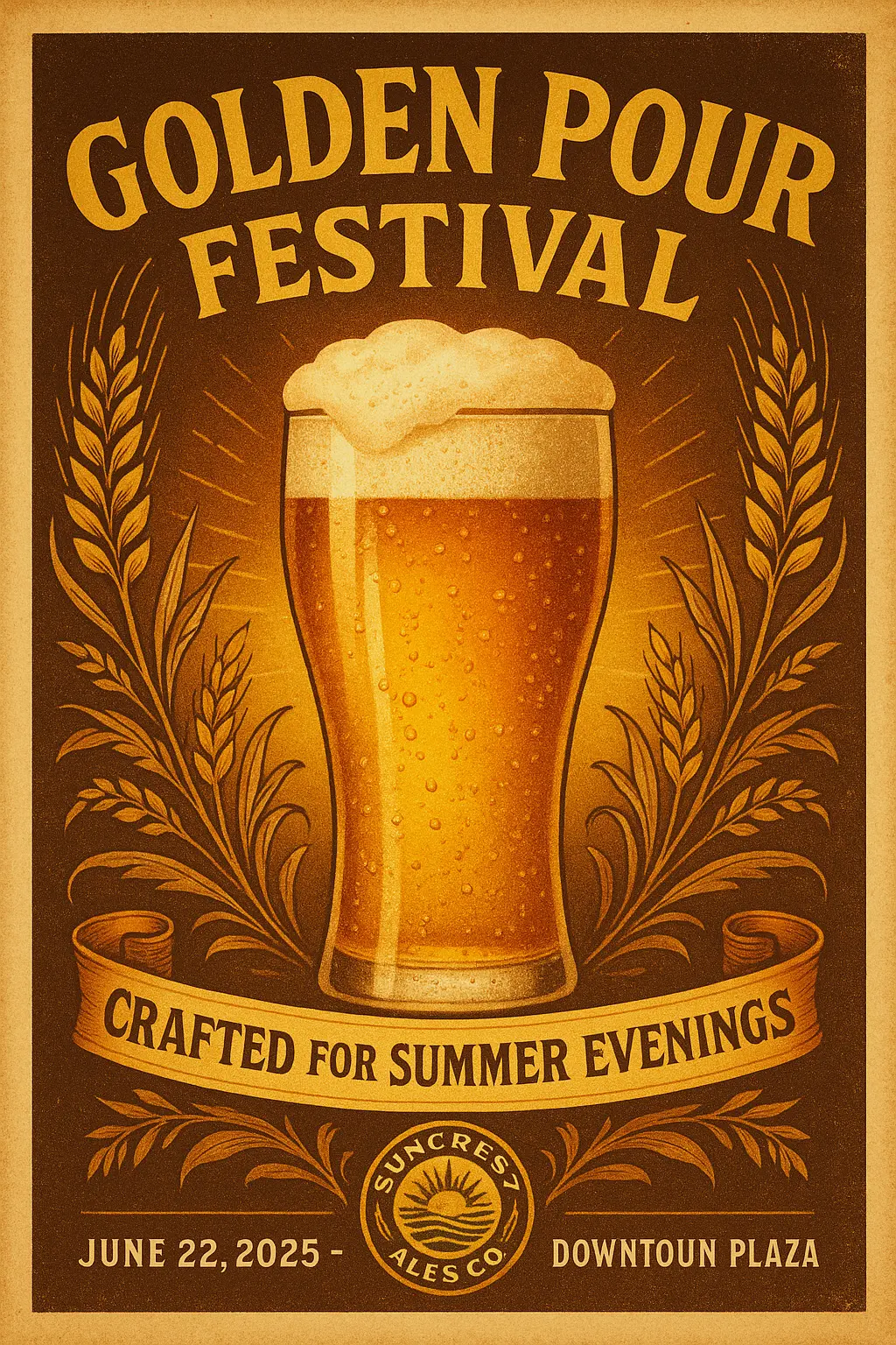 Retro Beer Poster template with lager glass and wheat motifs