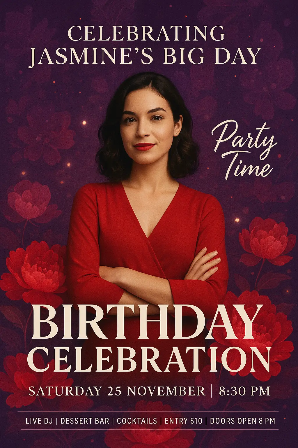 Elegant Birthday Poster template with red florals and modern design