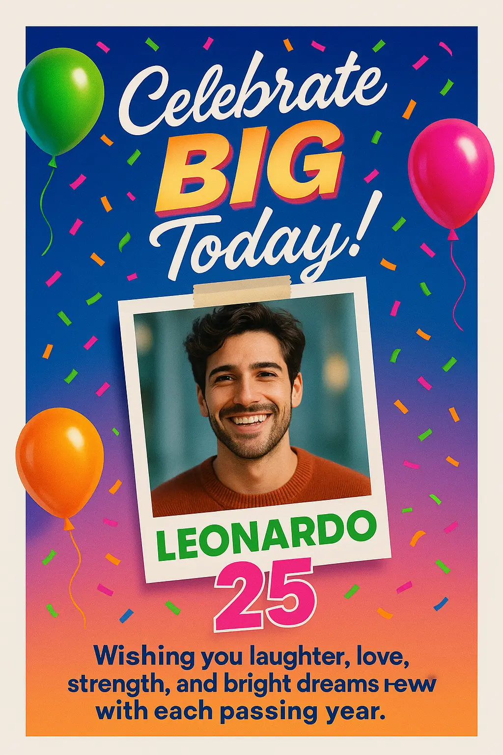 Bold retro Birthday Poster template with balloons and photo frame