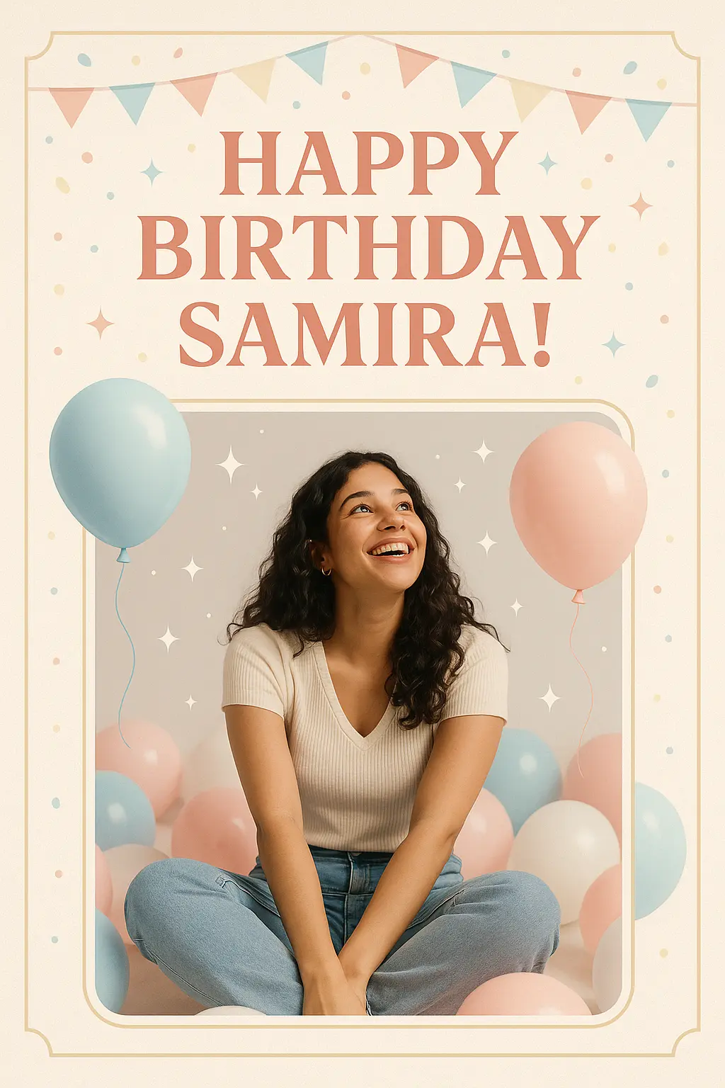 Birthday Poster template featuring a joyful young adult surrounded by pastel balloons