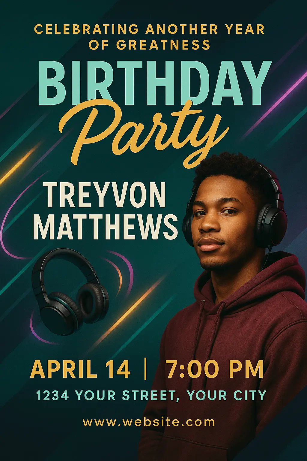 Bold retro Birthday Poster template with young man and neon text