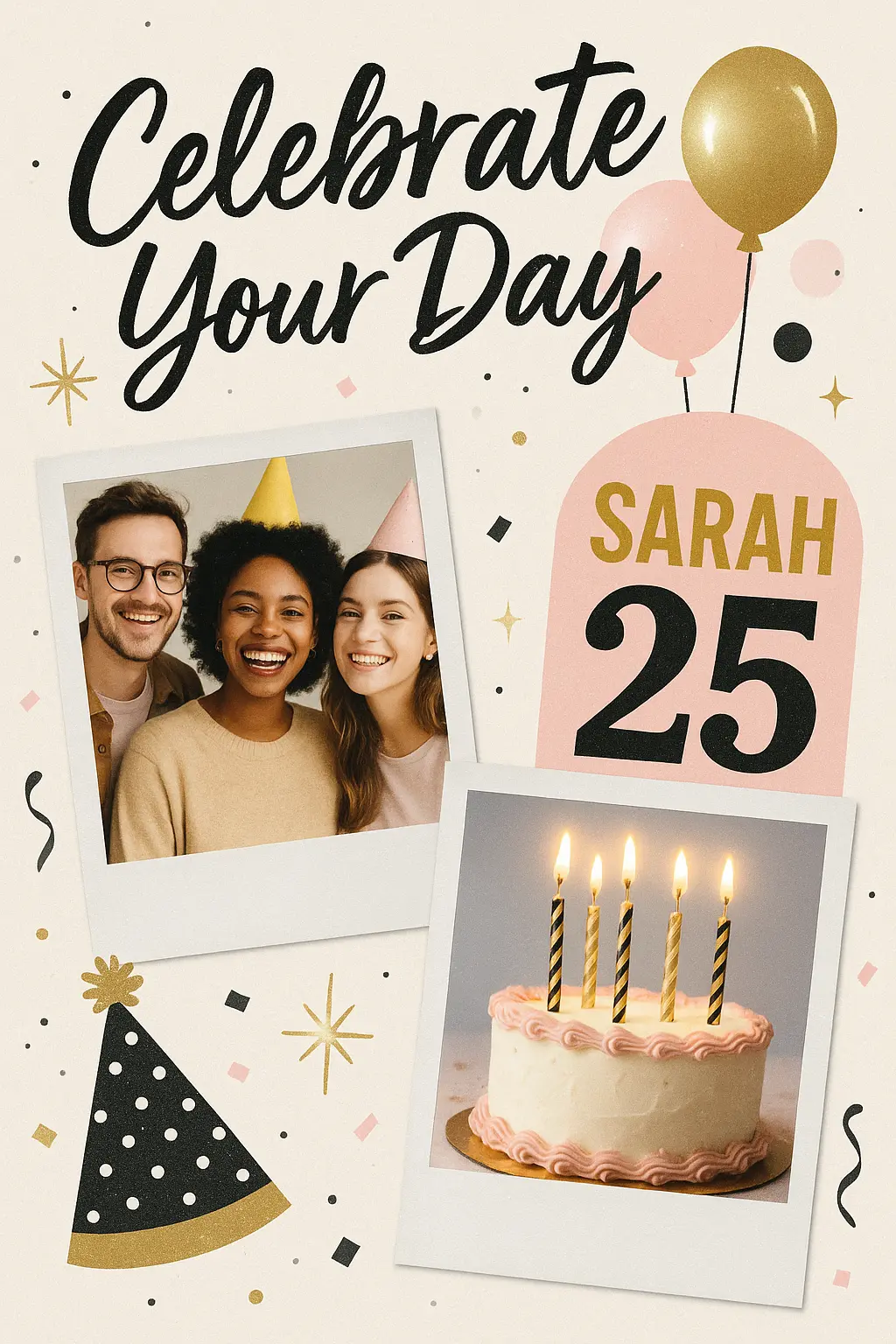 Birthday Poster template featuring a group celebrating with a cake, balloons, and festive details