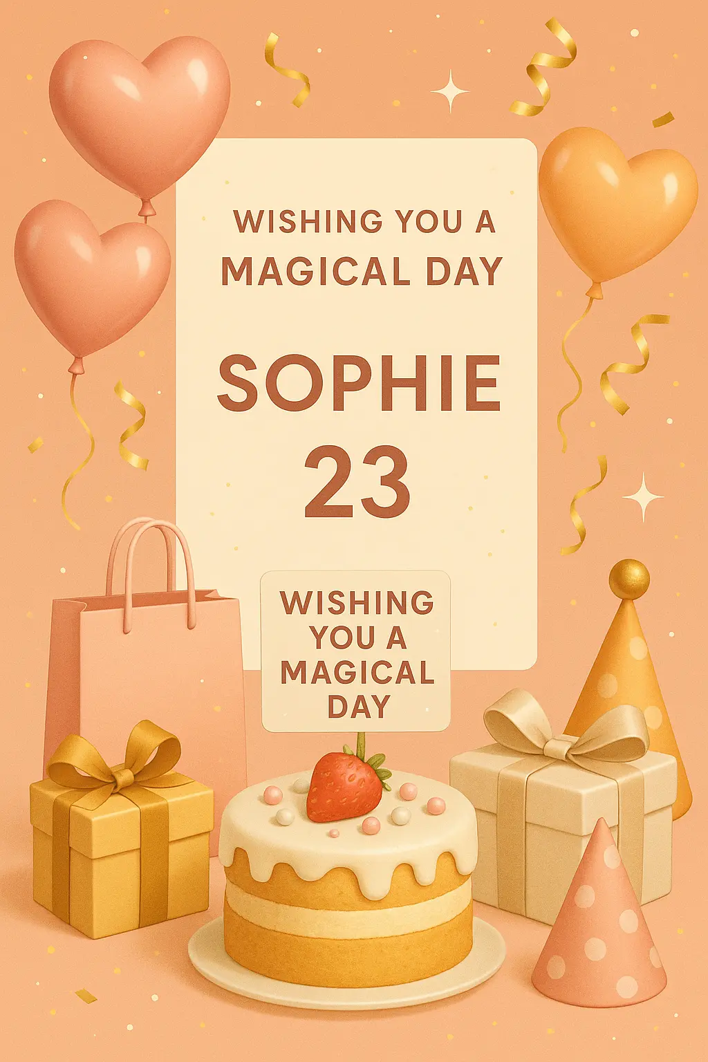Peach and pink Birthday Poster template with balloons and cake