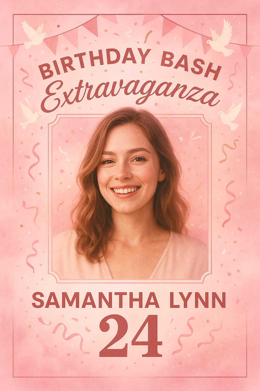 Elegant Birthday Poster template with pink theme and female portrait