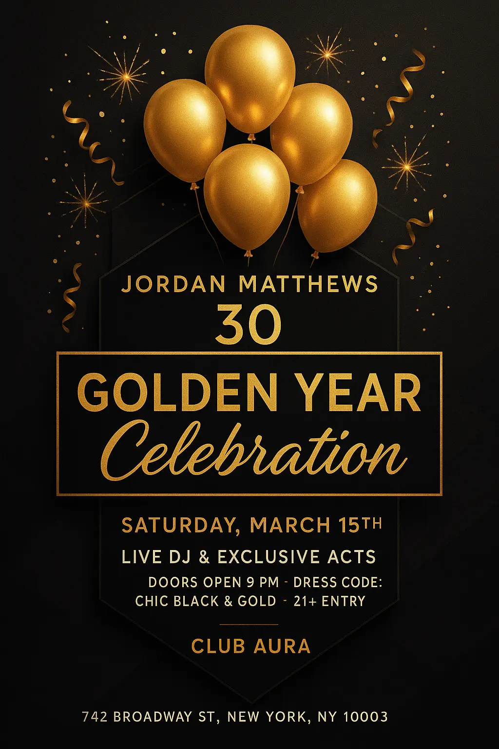 Elegant black and gold Birthday Poster template for adult party